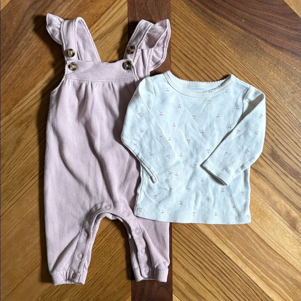 Carter's 0-3 Month Light Pink Ruffled Overalls & Long Sleeve Cherry Top